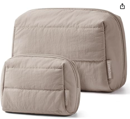 Tas Makeup Wisata yang Dibungkus Puffy Duo Besar & Kecil untuk Wanita Puffy Padded, Set Organizer Kosmetik Perjalanan, Tas Toilet Besar & Kantong Dompet Kecil, Barang Penting Perjalanan